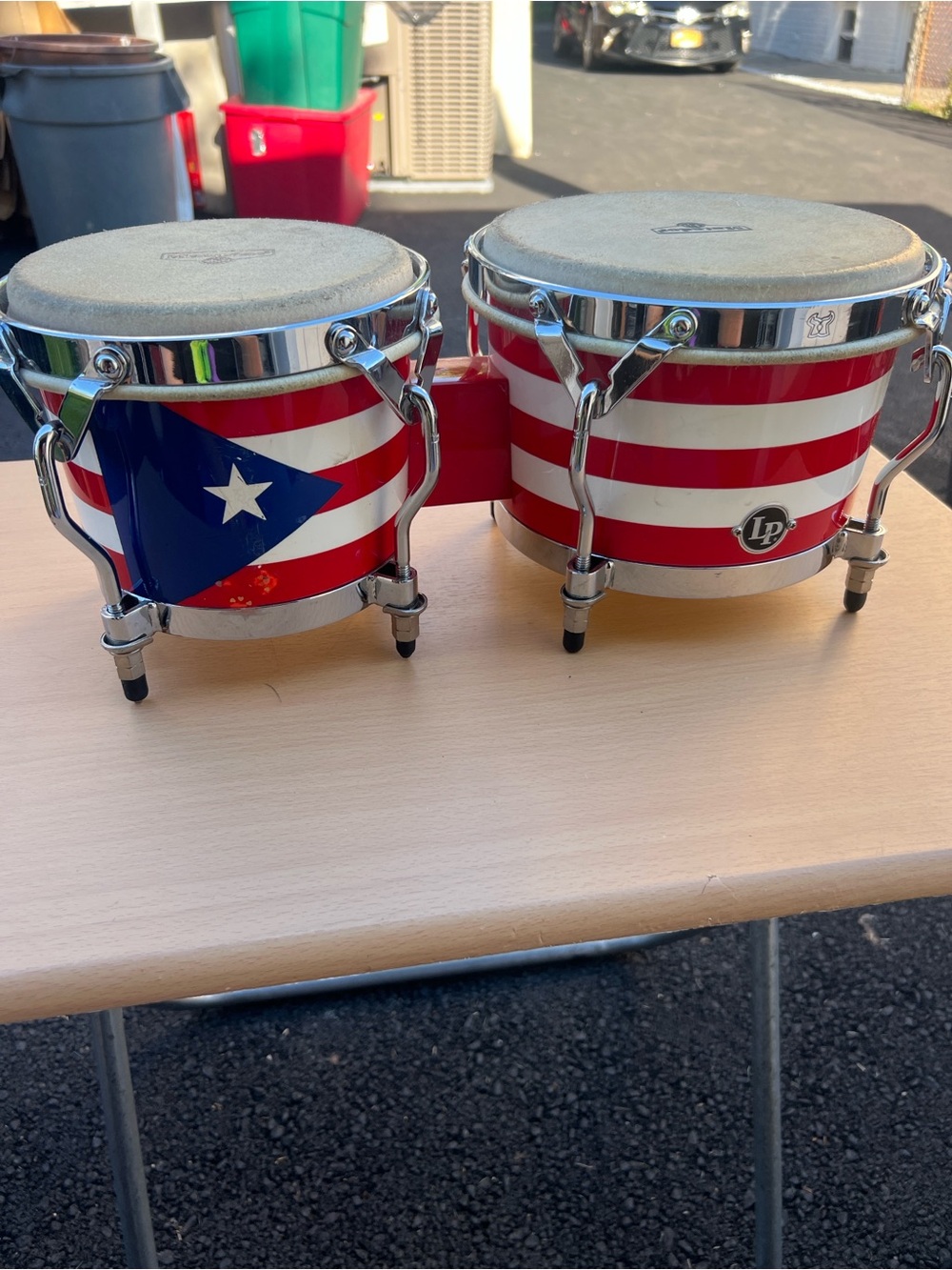 LP Matador Puerto Rican Flag Bongos Wood Latin Percussion Hand Drums w/Carry Bag